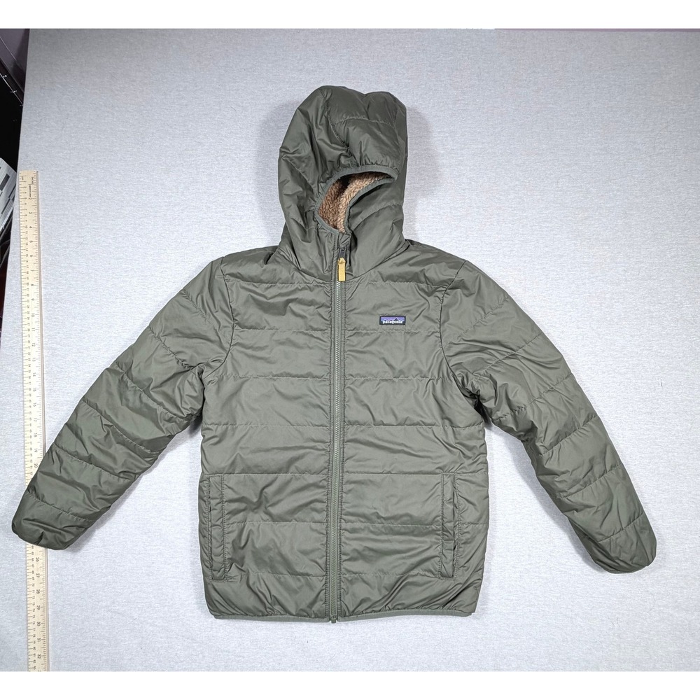 Patagonia Boys Reversible Ready Freddy Jacket XL 14 Olive Green Puffer Fleece